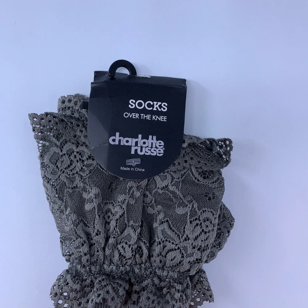 Charlotte Russe Women One Size Grey Lace Trim Ribbed Over The Knee Socks NWT